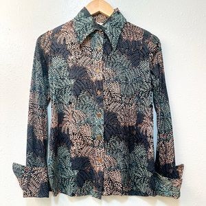 Rare Vintage 70s Disco Era Novelty Pattern Organic Fern Print Button Front Shirt